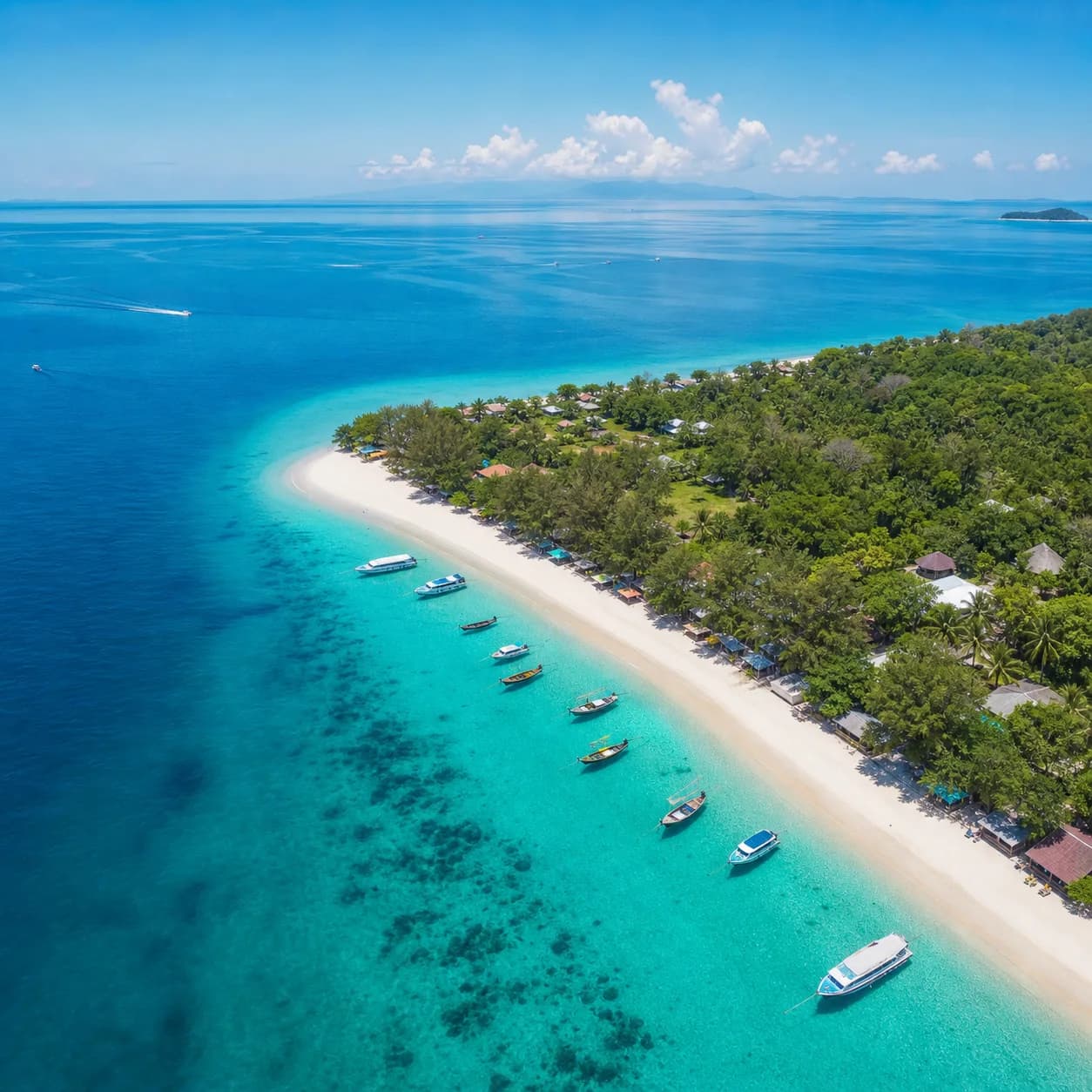 Aerial view of turquoise beach and small boats