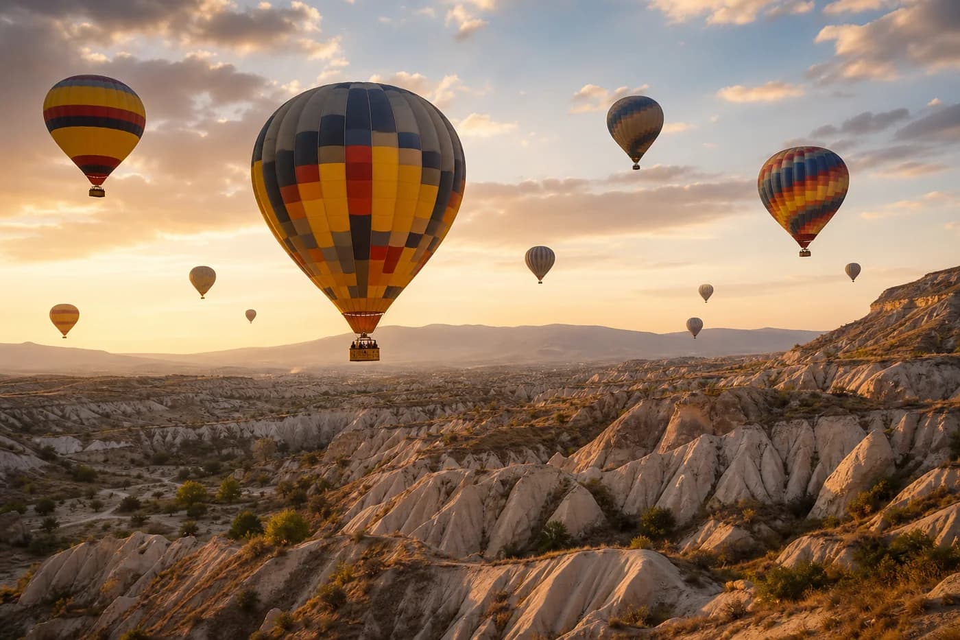 Hot air balloons floating above a rocky valley