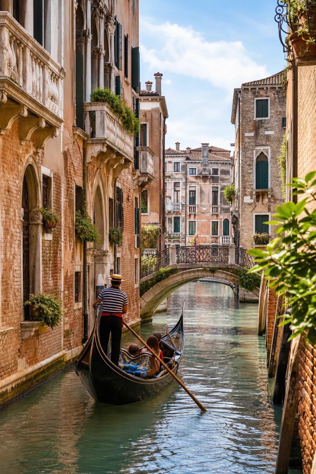 Canal city with gondola and warm European architecture