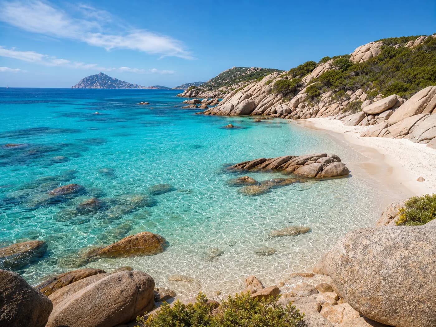 Crystal clear cove and granite rocks at Cala Vento
