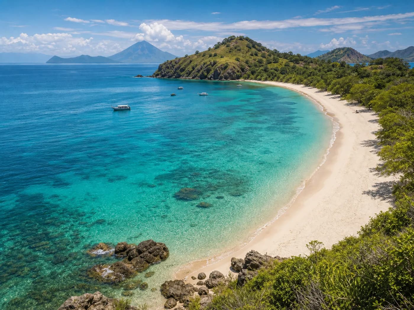 Quiet crescent beach with teal water at Nusa Pearl