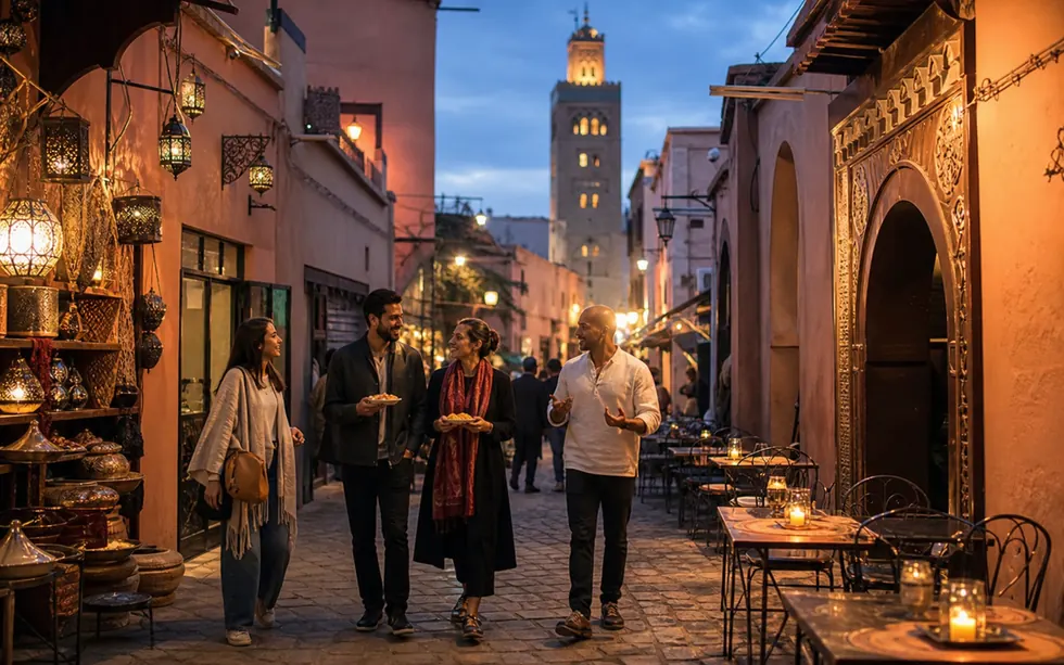 Lantern-lit historic old city street with cafe tables at blue hour