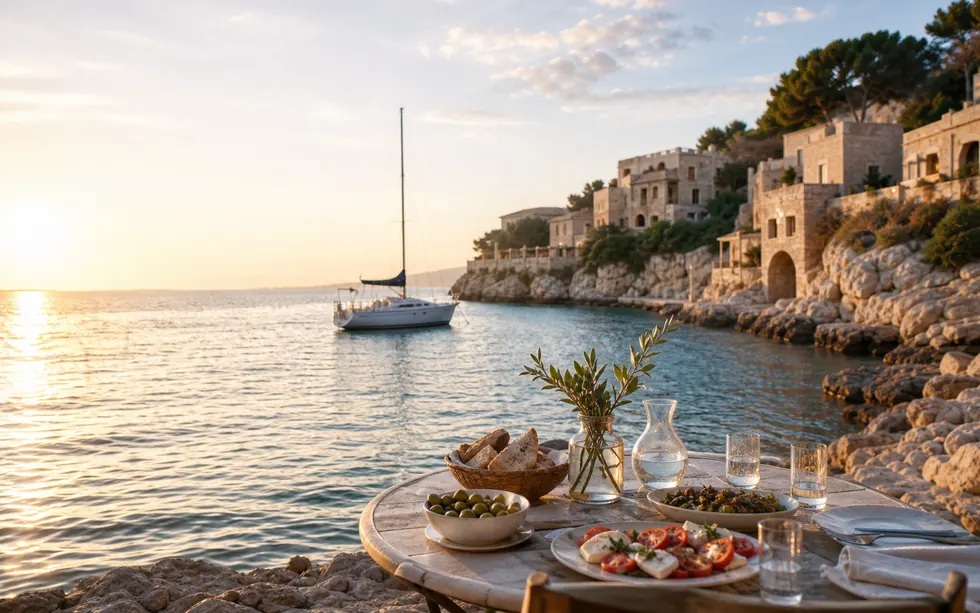 Mediterranean sailing harbor with a local food table at golden hour
