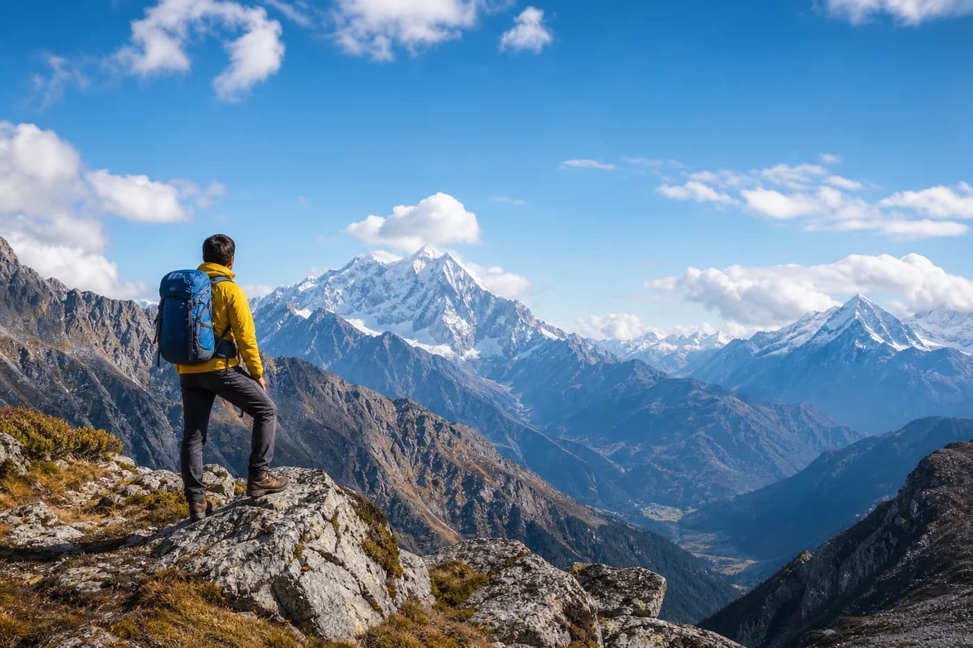 Mountain hiker above snowy peaks