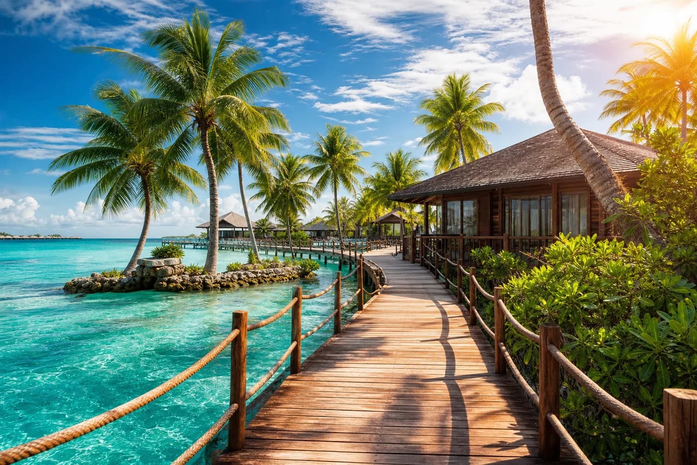 Wooden bridge through a tropical island resort