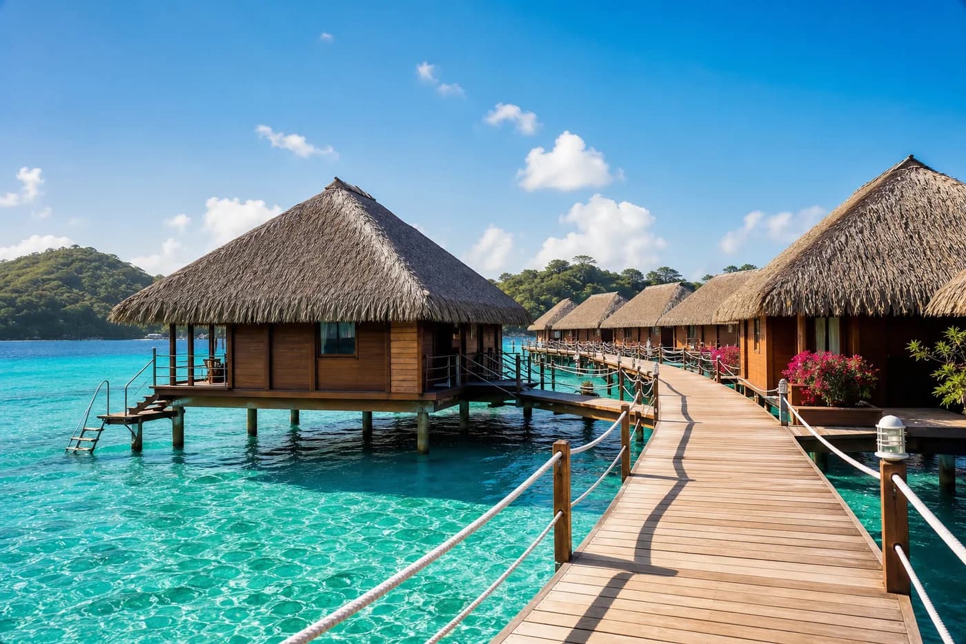 Overwater villas above turquoise sea