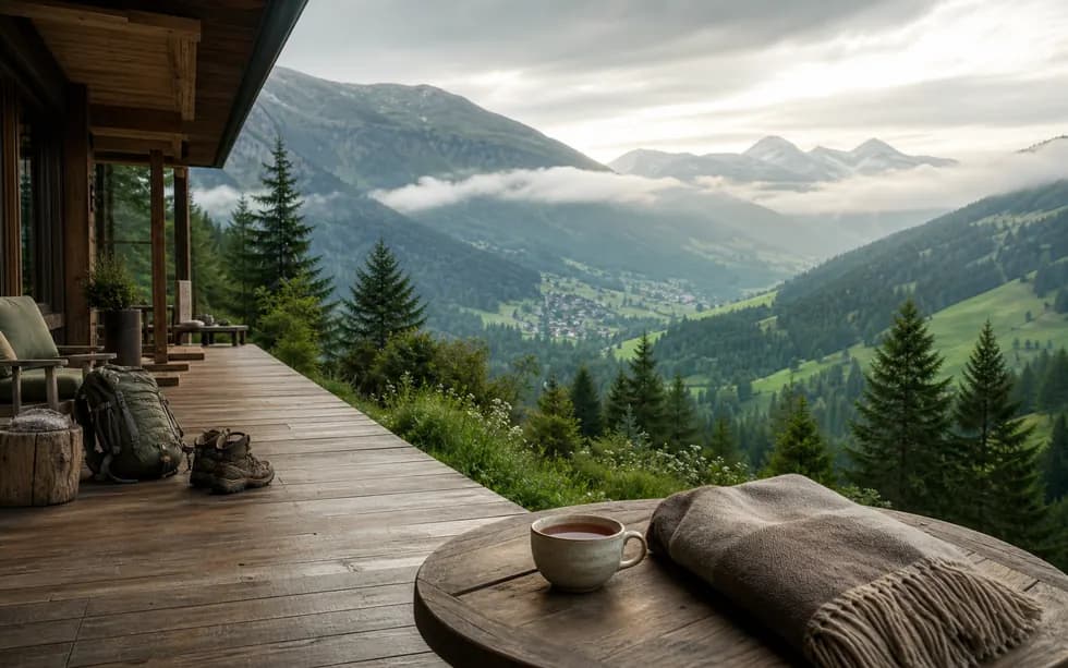 Mountain lodge terrace with tea and morning mist over an alpine valley