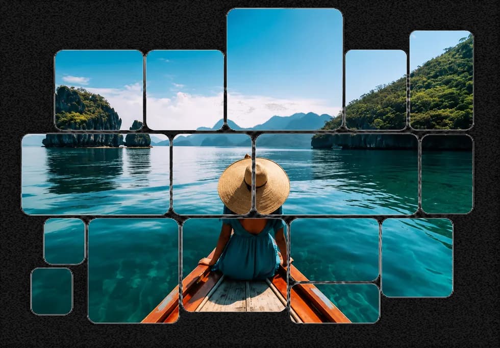 Mosaic travel photograph of a woman in a boat on calm turquoise water